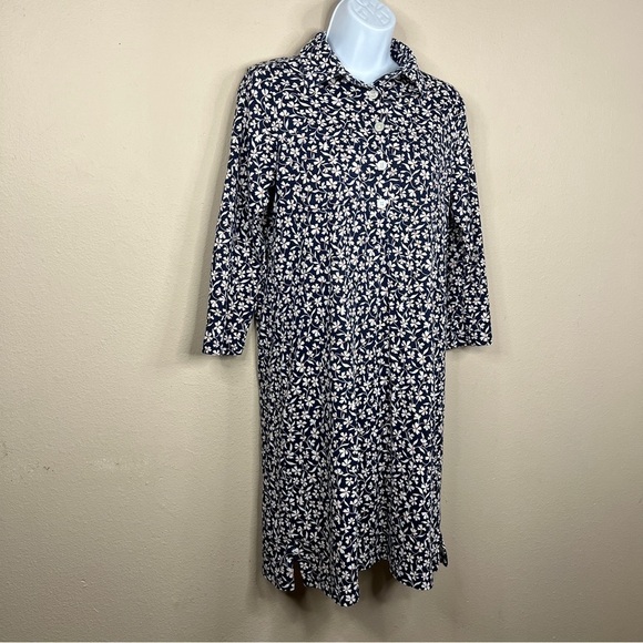 Lands End Blue Floral Cotton Dress Collared Stretch Knee Length - Picture 4 of 10